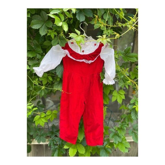 Vintage 80s Red Velvet Corduroy Romper Suit Formal White Lace One Piece Sz 3 - Picture 6 of 14
